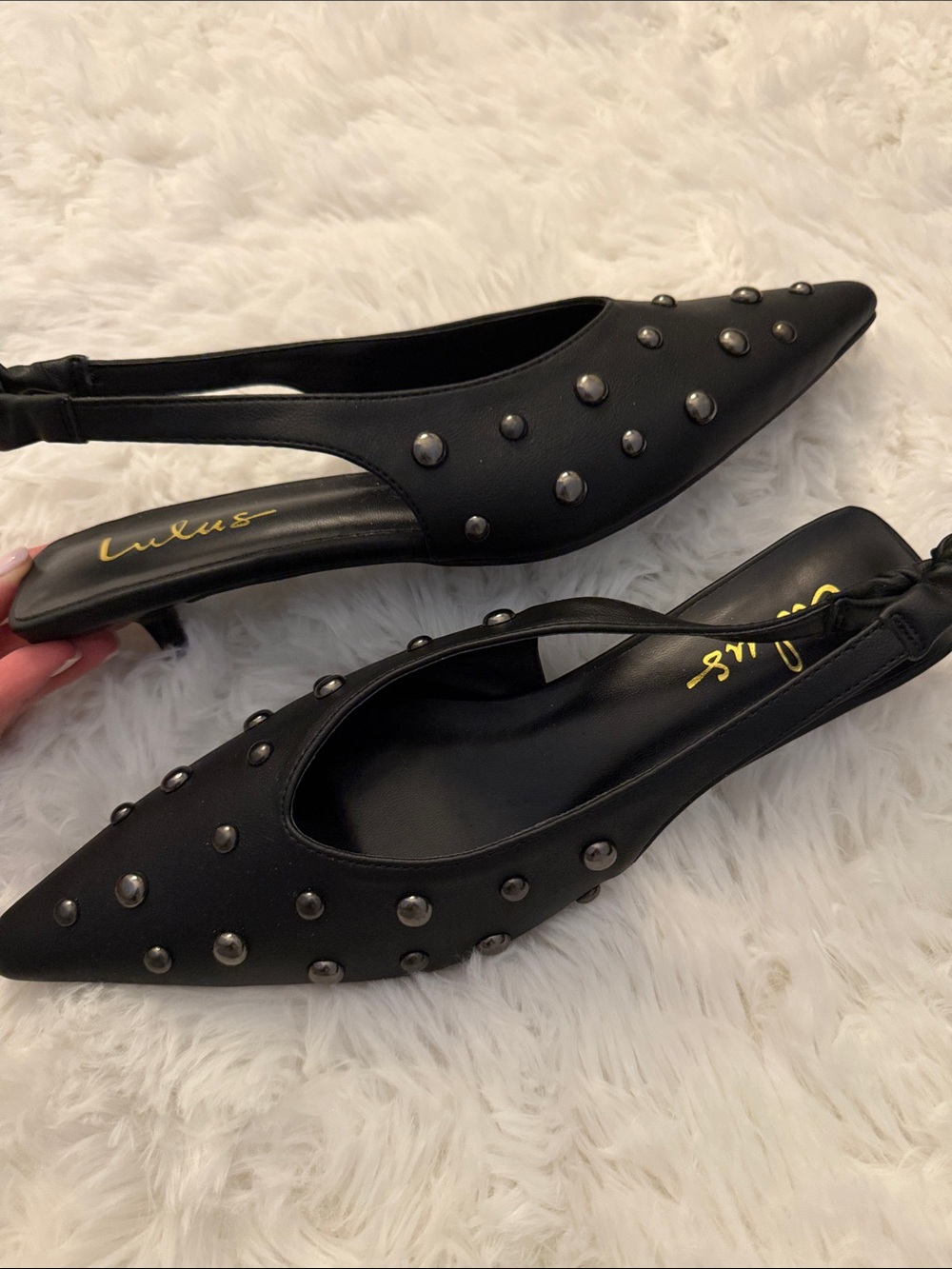 Lulu's Black Pointed-Toe Studded Slingback Kitten Heels